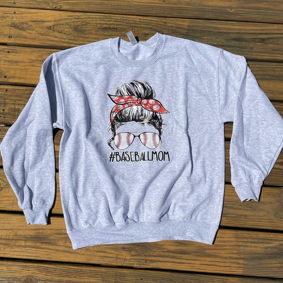 Tops - Baseball mom messy bun grey sweatshirt-NEW